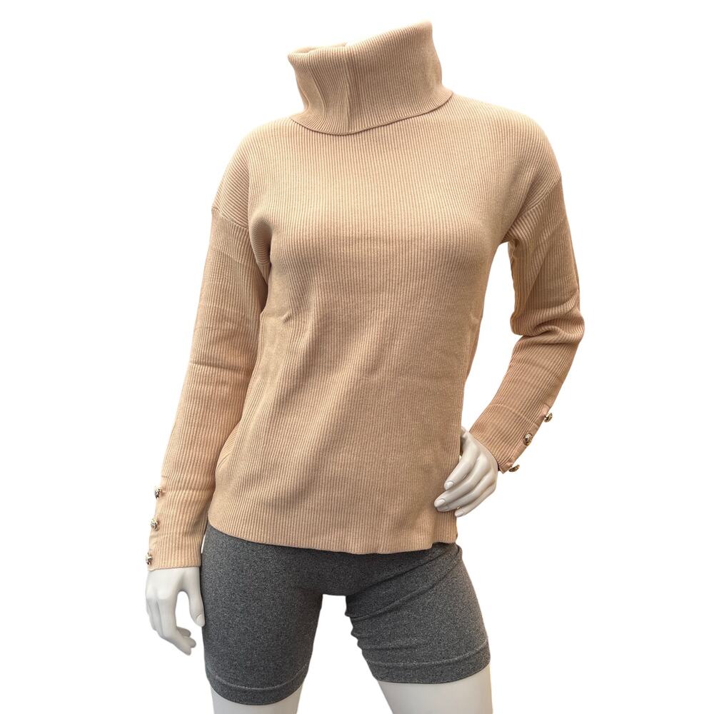 Womens Turtle Neck Long Sleeve Knitted Solid Color Cuffs Button KhakI Sweater S